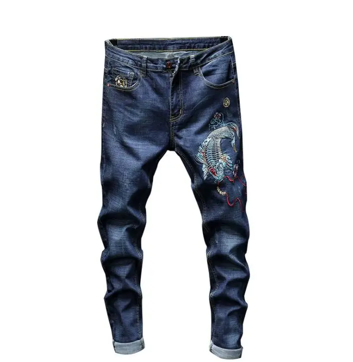 Pantalones vaqueros de motociclista para hombre, jeans rectos de calamar  bordado, diseño de moda, azul, barato|Pantalones vaqueros| - AliExpress