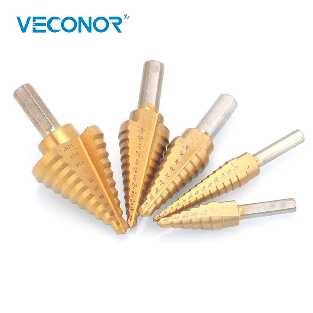 Veconor 5 pcs imperial impact HSS step cone drill bit titanium nitride coated hole cutter tool set triangle shank