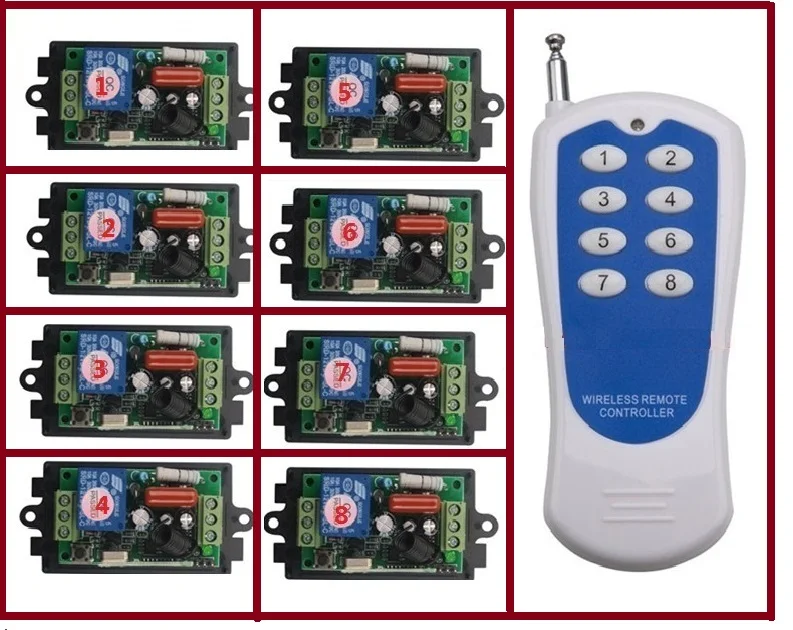 Smart wireless remote switch 220VPower Switch System 8 Receiver& 1 Transmitter 8CH 10A Light Lamp LED SMD ON OFF