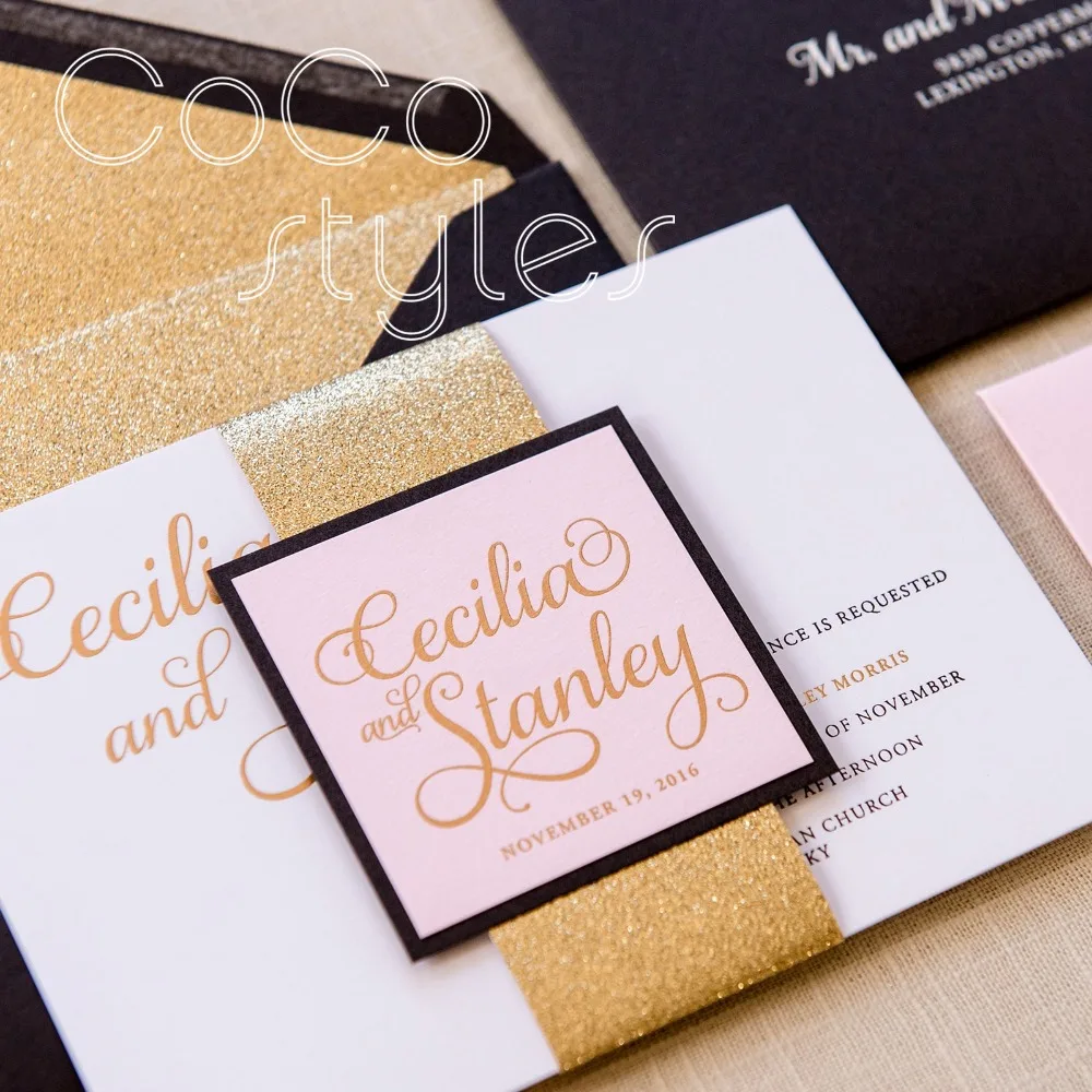  Cocostyles customized shiny glitter invitation card set with gold foiling printing for fantasy wedd - 32890848780