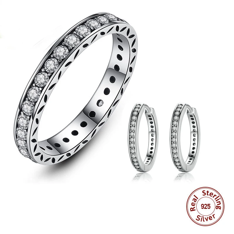 

Popular 100% 925 Sterling Silver Cubic Zirconia Simple Female Hoop Earrings +ring Jewelry set for Women Sterling Silver Jewelry
