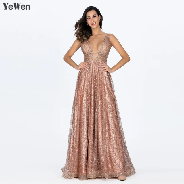 Decollete Pocket Luxury Bling Gold Deep V Sexy Evening Dresses 2019