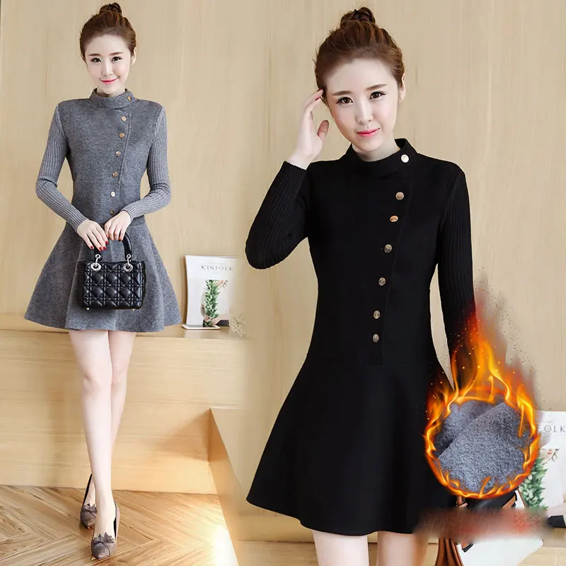 

winter elegant vintage style ladies fleece dress solid color slim full sleeve stand collar A-Line dresses nature waist female