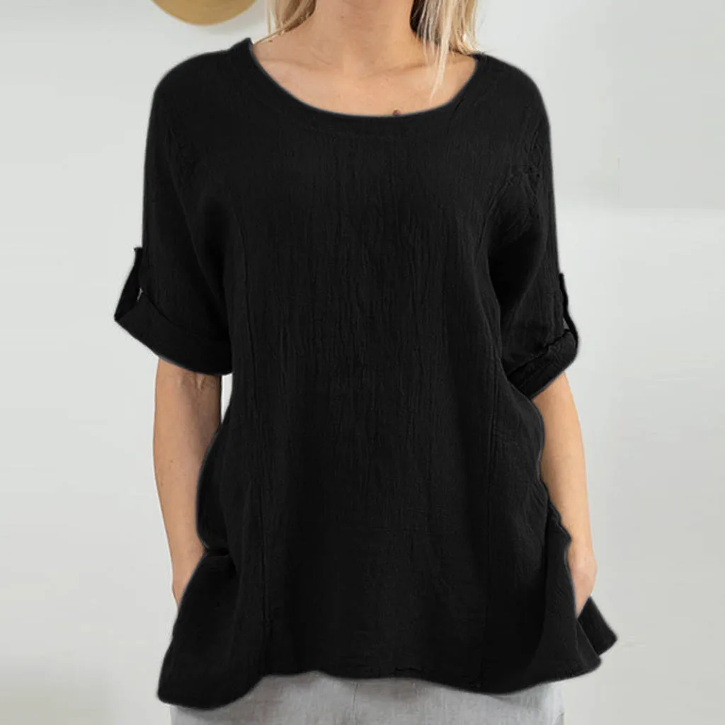 

Blouses Woman 2019 Women Casual Solid Blouses Crew Neck Roll Up The Sleeve Shirt Loose Splice Tops chemisier femme camicia donna