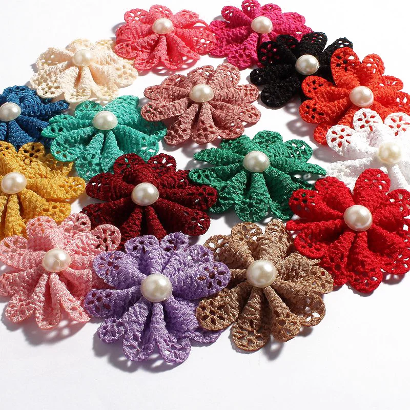 

120pcs/lot 5.5cm 16colors Newborn Hair Flower Accessories With Pearl For Wedding Artificial Fabric Flowers For Kids Headbands