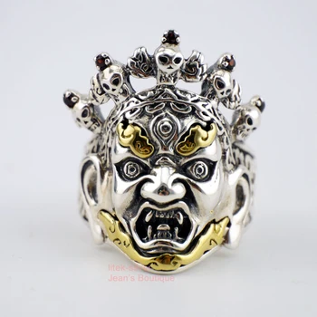 

925 Solid Sterling Silver Retro Tibetan Buddhist Deities Palden Lhamo Men Ring A3550