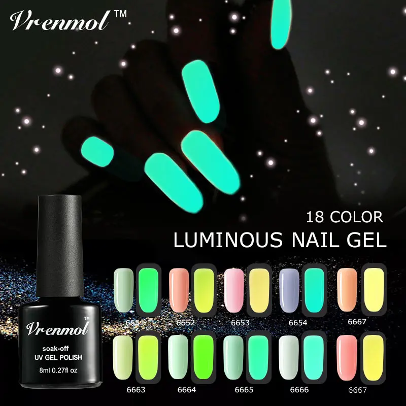 

Vrenmol 8ml Shiny Fluorescent Neon Glow In The Dark Light Luminous Nail Gel Polish Art Esmalte Soak Off Long Lasting Gel Varnish
