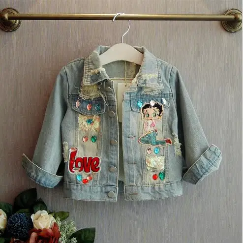 

retail girl jackets 2018 autumn girls fashion new hole diamond sequin denim coat girl top&outwear 2-7Y