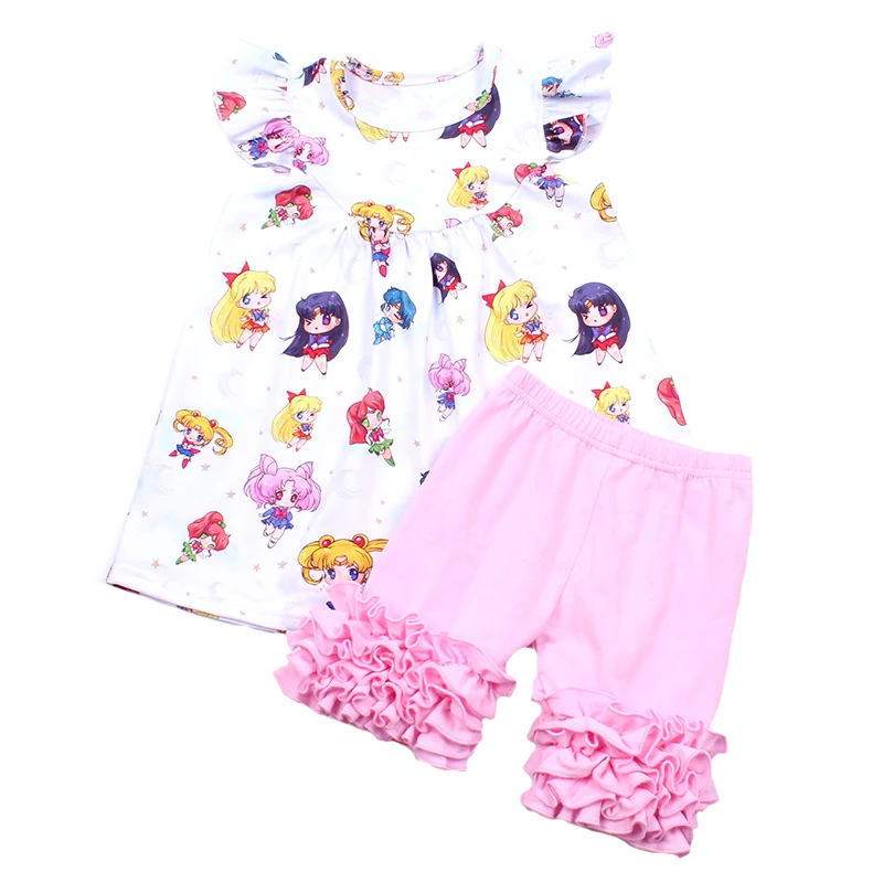 

Wholesale Summer Outfits White Cute Girls Set Pink Cotton Ruffle Set Boutique Baby Girls Kids Wear Pearl Sleeve Children Clothes
