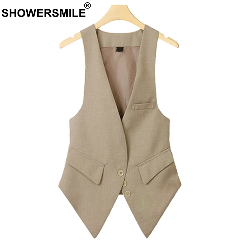 SHOWERSMILE Grey Plus Size Sleeveless Vest Women Autumn Slim Fit Waistcoat With Pockets Fashion Women Suit Vest Chalecos Mujer