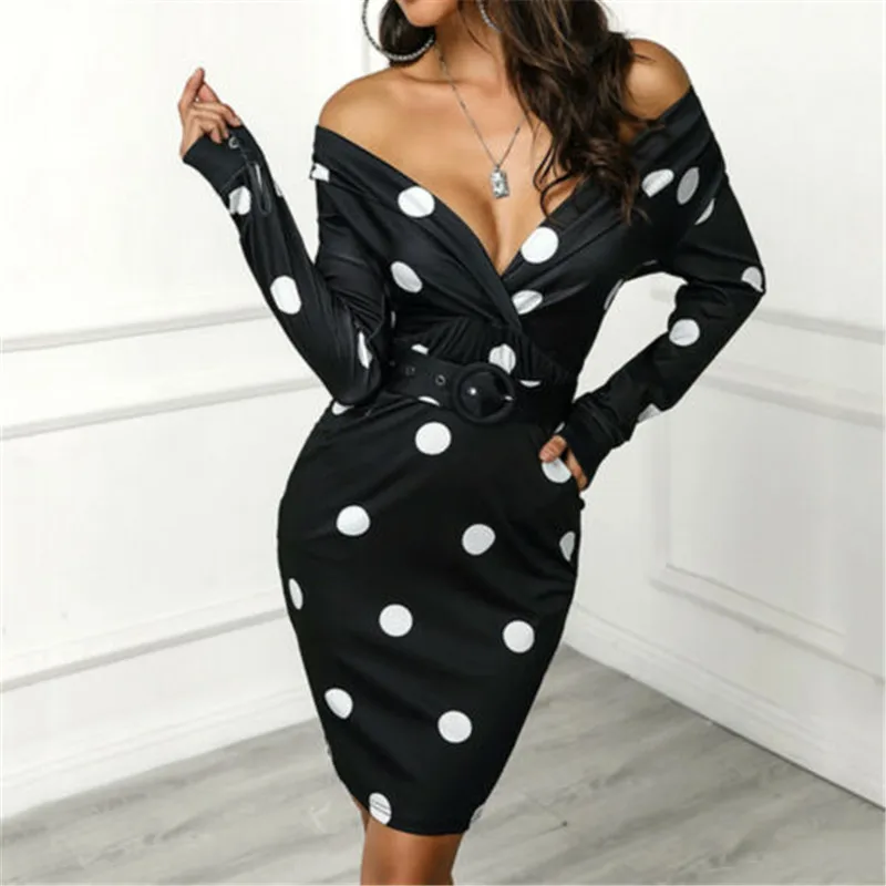 

Sexy Women Deep V-Neck Dress Spring Autumn Long Sleeve Dot Print Casual Party Bodycon Sheath Slim Pencil Dresses Fashion Dress