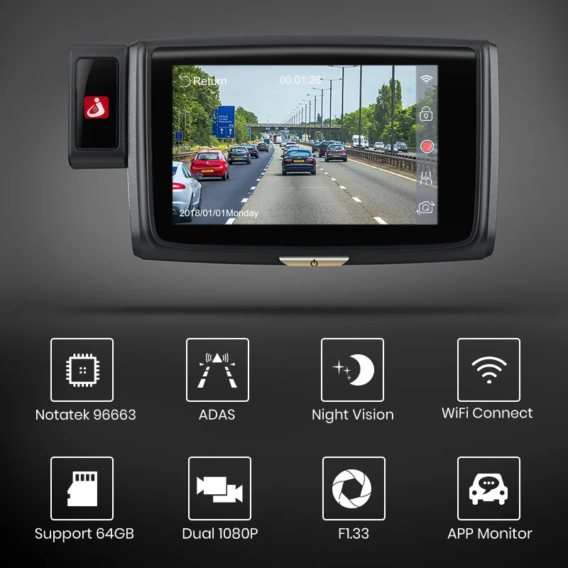 Junsun фронтальная 1080 P + Rear1080P 60fps Автомобильная dvr камера ADAS Wi Fi HD ночного видения