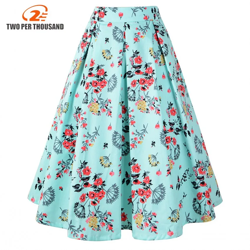 

Summer Skirts Women Midi High Waist Floral Skirt Ball Gown Vintage Fashion Skirts Faldas Mujer AKITSUMA