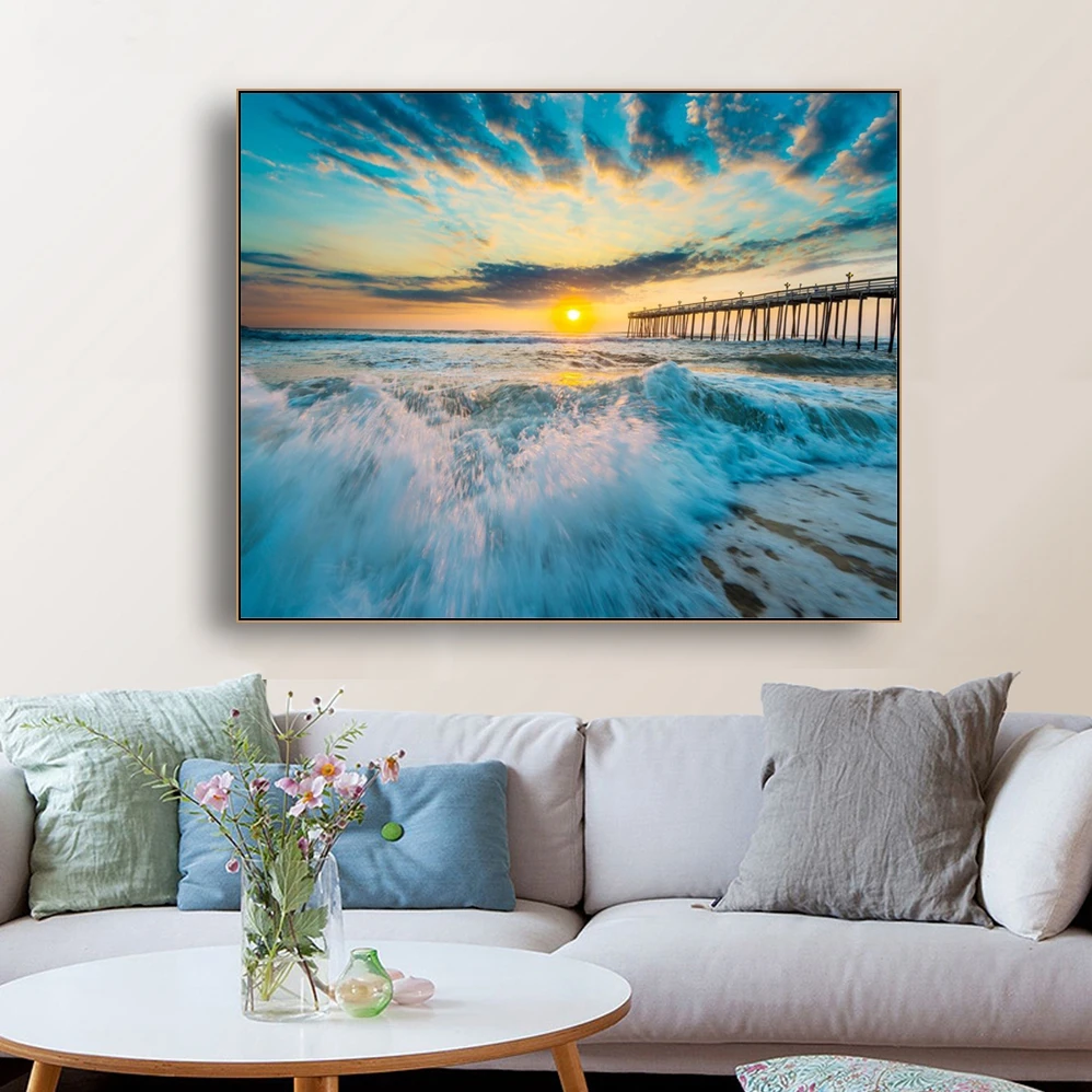 

Laeacoo Blue Sea Great Waves Spray Golden Sky Popular Modern Pictures Oil Painting For Bedroom Living Room Home Decor No Frame
