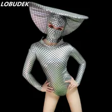 Лазерные рыбные чешуи боди с принтом русалки маска большой круглый головной убор Бар Клуб Женский костюм вечерние шоу танцевальная команда представление сцена наряд