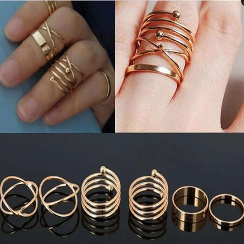 

High Quality Punk Style Rings Women Party Jewelry 6 pcs/Lot Gold Color Ring Fashion Accessories For Girl Free Shipping