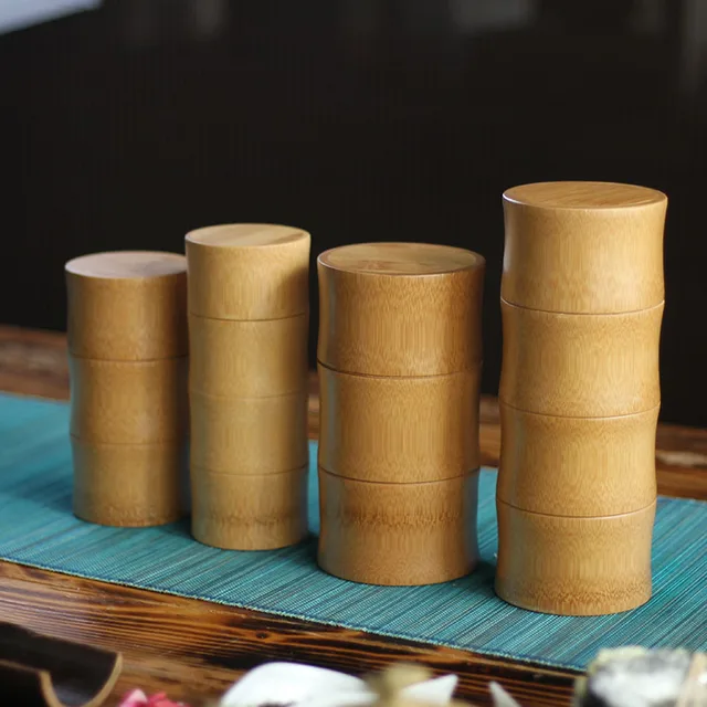 Bamboo Storage Bottles Kitchen Tea Container Jar Cans Case Organizer Spice Round Caps Seal Box Canister For Bulk Products 4