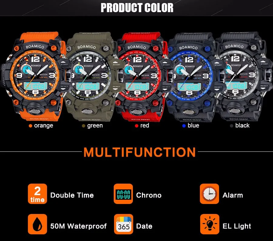 50M Waterproof Swimming Wristwatches LED Digital Watches Dual Display Mens Sports Top Brand Luxury Orange Black Quartz Watch New (4)