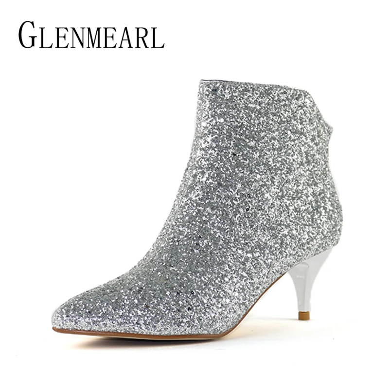 Prix Marque Cheville Femmes Bottes Hiver Plus Chaud Taille Haute Hees Chaussures Femme Bling Zip Bout Pointu Sexy Chaussures De Mariée Courte pour FemalesDO
