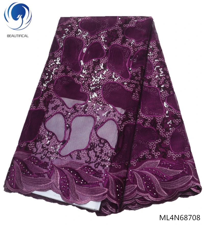 

BEAUTIFICAL Purple mesh lace fabrics heavy sequin lace fabric 2019 latest african tulle lace fabric high quality ML4N687