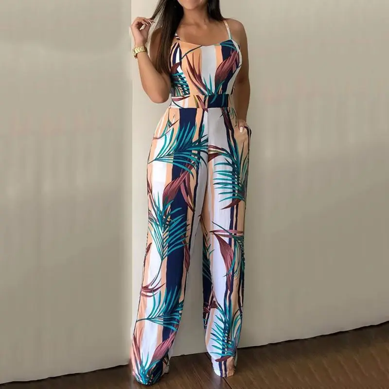 Women Jumpsuit Backless Sexy Chic Plant Print Holiday Boho Beach Fashion Summer 2019 Overalls Female Casual Sleeveless Rompers Women Jumpsuit Backless Sexy Chic Plant Print Holiday Boho Beach Fashion Summer 2019 Overalls Female Casual Sleeveless Rompers