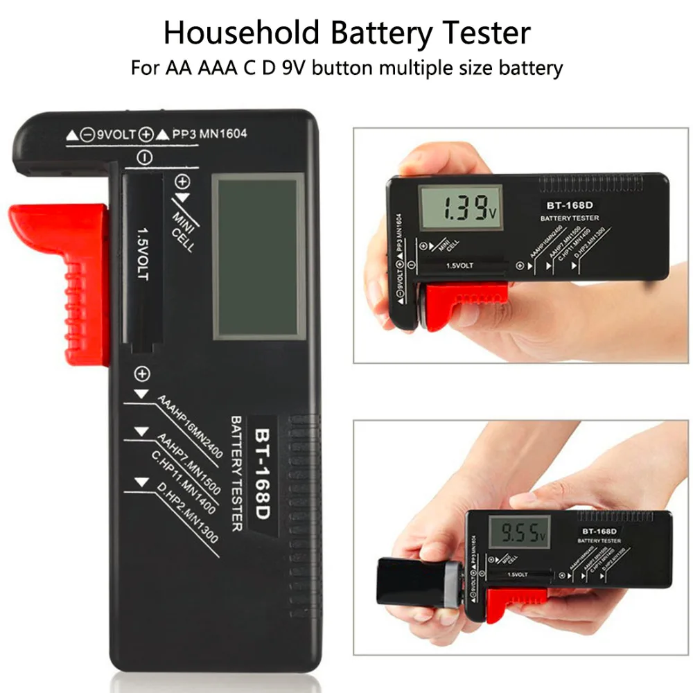 

Black Digital Battery Tester Check Power Level for 1.5V and 9V Batteries Battery diagnostic tool Charging treasure tester