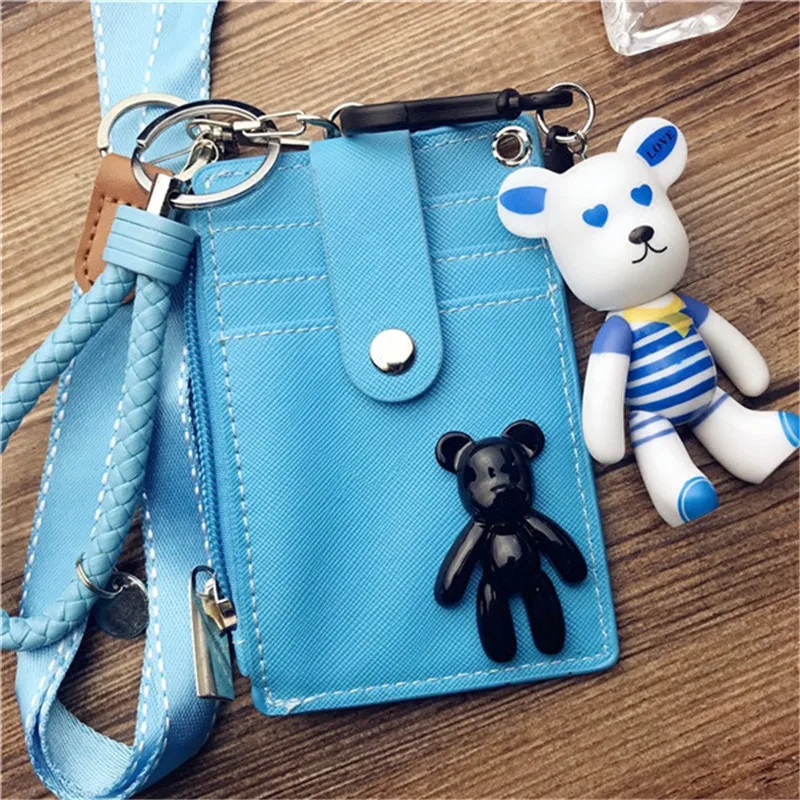 

HNXZXB New pure color cartoon PU student card set leisure multi-functional zipper convenient neck key chain card bag