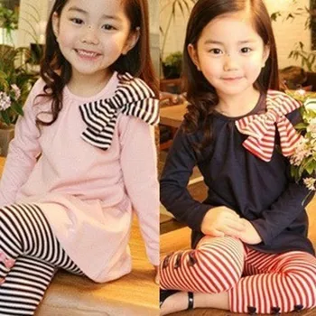 

Hot Clothes Set Outfits 3-8 Year Kids Girls Bow Striped Leggings Suit Long Sleeve Shirts Tops New