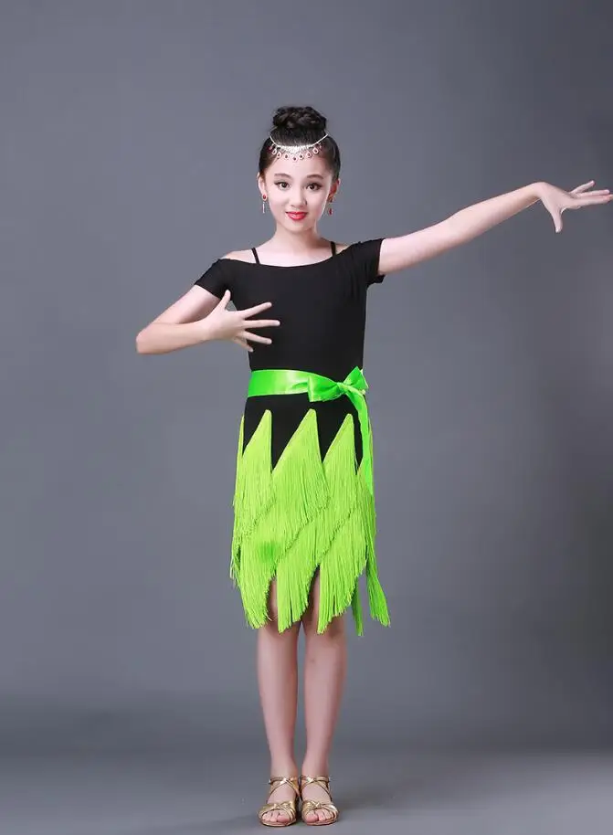 Ленточки Обувь для бальных и латиноамериканских танцев платье детский костюм костюмы для соревнований по фигурному катанию костюмы; джинсовая куртка для девочек Сальса платье для танцев - Цвет: Зеленый