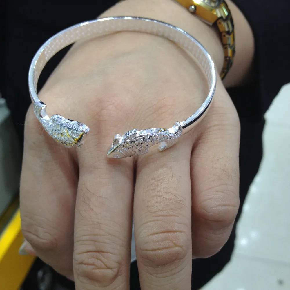 

Double Fish S999 High Purity Sterling Silver Bangle, Adjustable Open Size Bangle, Silver Fish Bracelet