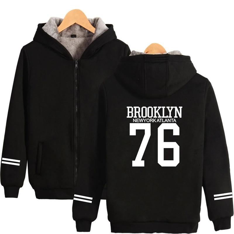 Фото Толстовка BROOKLYN 76 Мужская/женская зимняя, Модный худи в стиле хип-хоп, на молнии, куртки, повседневный утепленный свитшот с длинным рукавом, 4XL №2