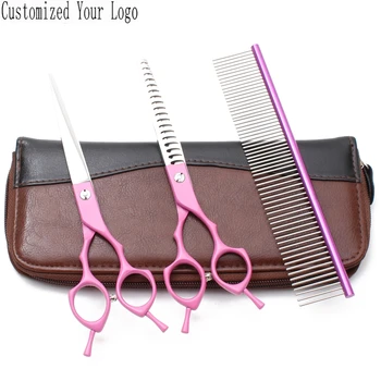 

7" 440C Customize Logo Pink Dog Grooming Scissors Thinning Shears Straight Scissors Pet Scissors Add Bag Animal Shears Set C9029