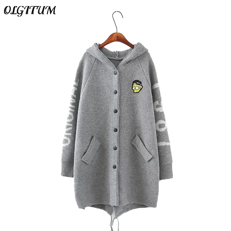 #Special Offers OLGITUM 2019 new Cardigan Sweater loose coat Cartoon embroidery hooded knitted sweatersfor Wome Fall Warm Thick Poncho Jacket