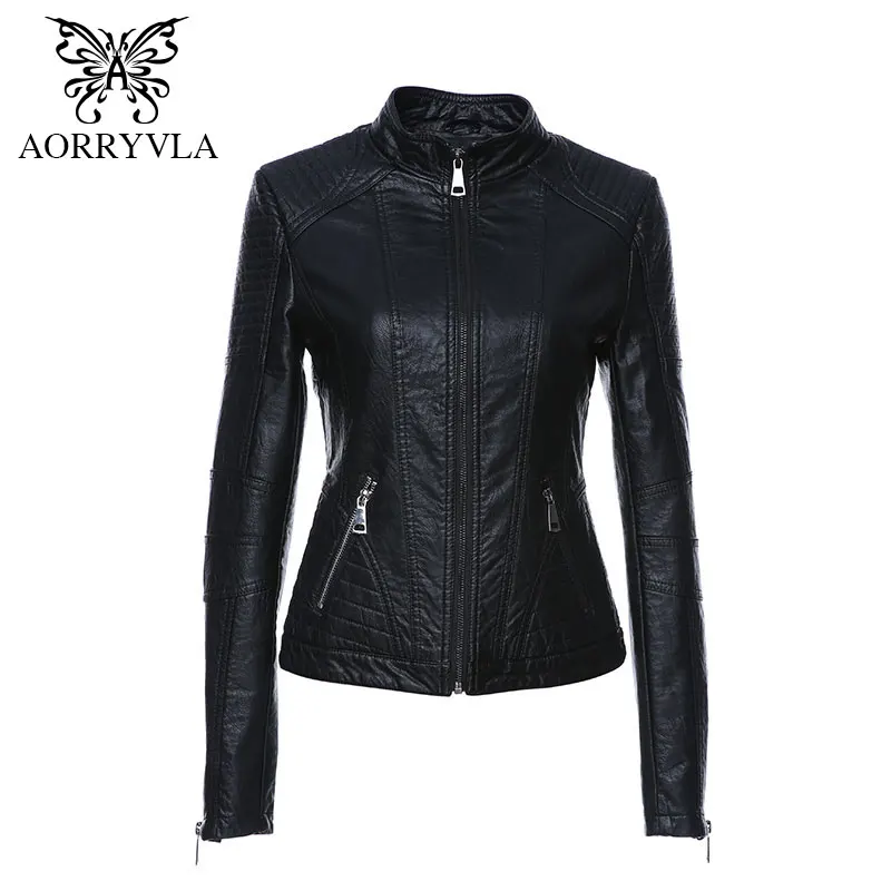 AORRYVLA 2018 New Autumn Leather Jacket Women Black Color Mandarin Collar Zippers Short Female Faux Leather Jackets High Quality
