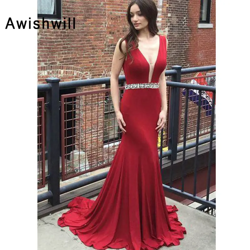Women's Beaded Mermaid Evening Prom Dresses V-Neck Backless Long Formal Gowns Sleeveless Red Dress | Свадьбы и торжества