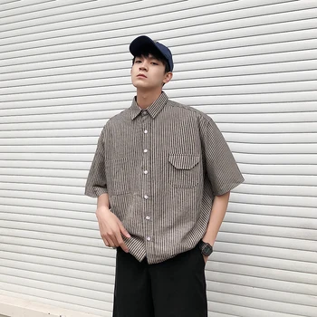 

2019 Summer Men's Work Clothes Short Sleeve Hawaiian Stripe Printing Shirt French Cuff Mens Brand Fashion Trend Shirts Size M-XL