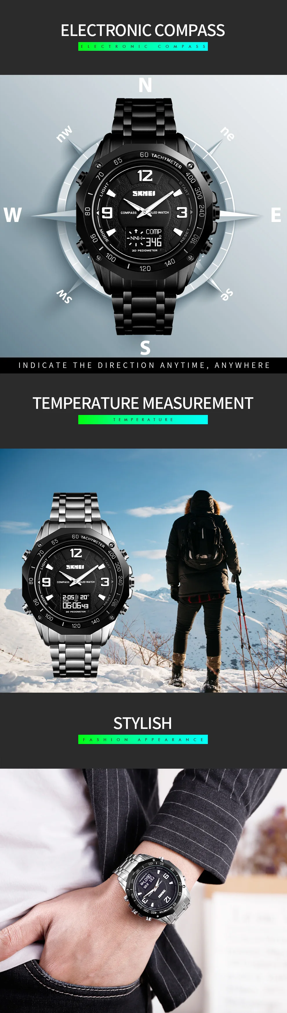 Роскошные часы для мужчин термометр компас цифровые часы калорий шагомер спортивные мужские наручные часы Модные Военные мужские часы SKMEI