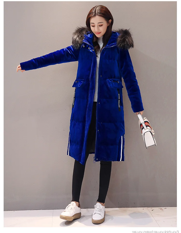 2019 Новый Для женщин Зимняя куртка-пуховик длинные меха с капюшоном пальто велюр теплой верхней Винтаж Корейская верхняя одежда Письмо