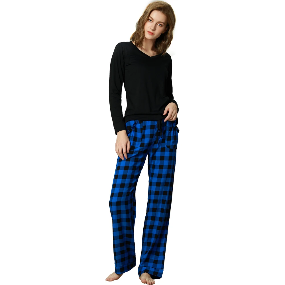 2019 pajamas set summer black long sleeve top plaid pant set