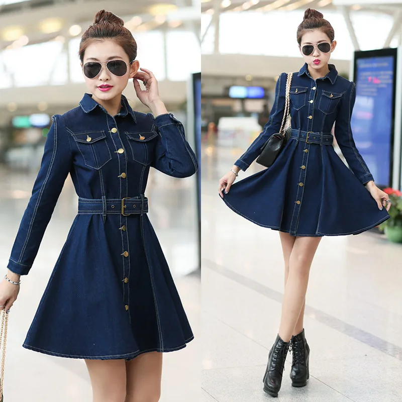 

Women Spring Summer Long Sleeve Slim Denim Dresses Female Casual Lapel Solid Color Button Cardigan A Line Jeans Dress Miniskirt