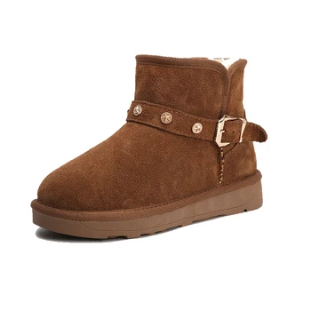 

Faux Fur Warm Winter Ankle Boots Women Suede Leather Rivets Buckle Strap Flat Boots Round Toe Flat Women Shoes SWE0022