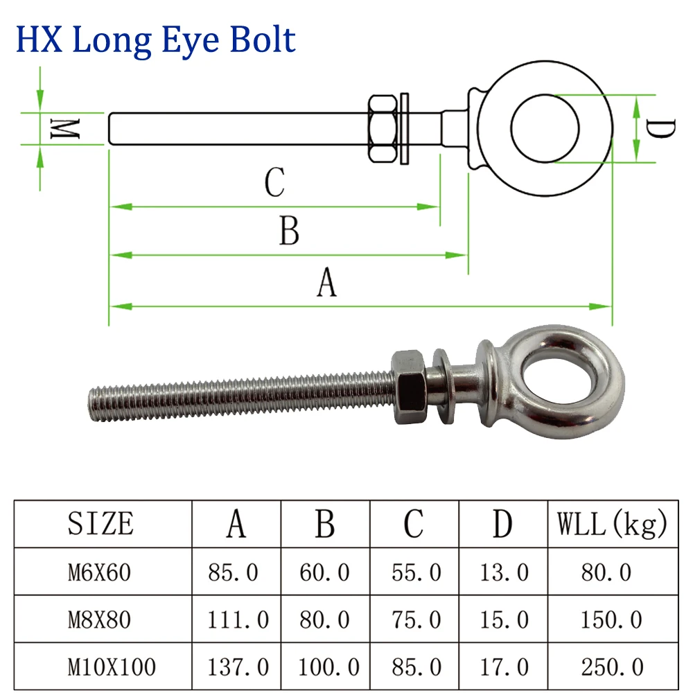 Нержавеющий морской тяжелый подъемный болт с длинными ушками морской подъемный HX длинный глаз болт с кольцом винт петля отверстие для троса 5 шт. M8
