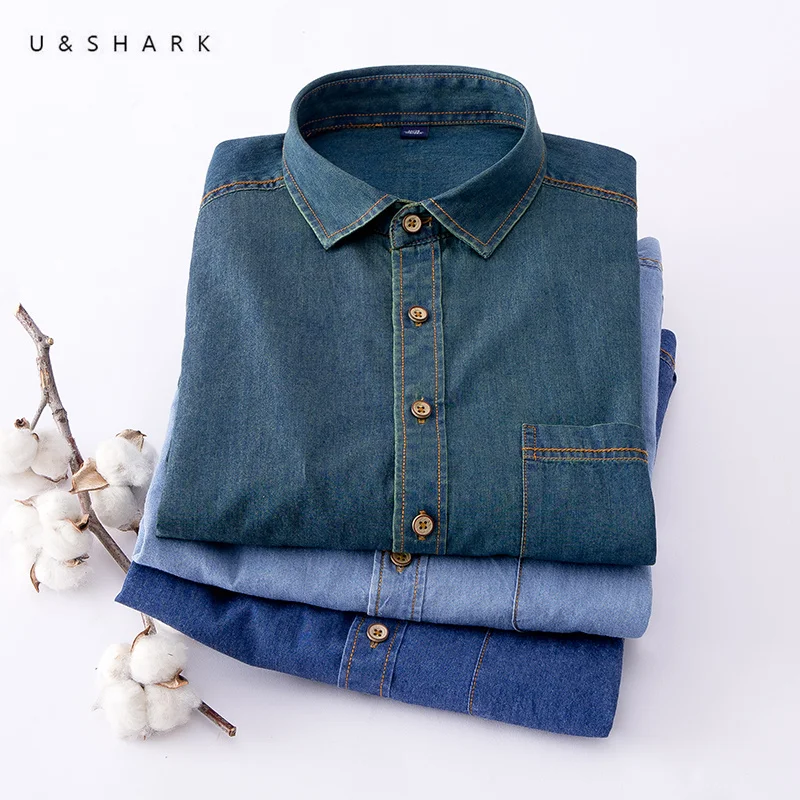 Koop U SHARK Stijlvolle Mannen Denim Shirt Klassieke Blauwe Lange mouwen Katoenen Casual Shirts 2018 Lente Merk Kleding mannen Jeans Shirt