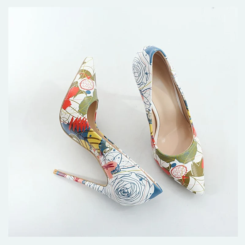 New 12cm Heels Women Pumps Sexy Pointed Toe Print High Heels Mixed Fashion Colors Thin Heels Office Lady Shoe