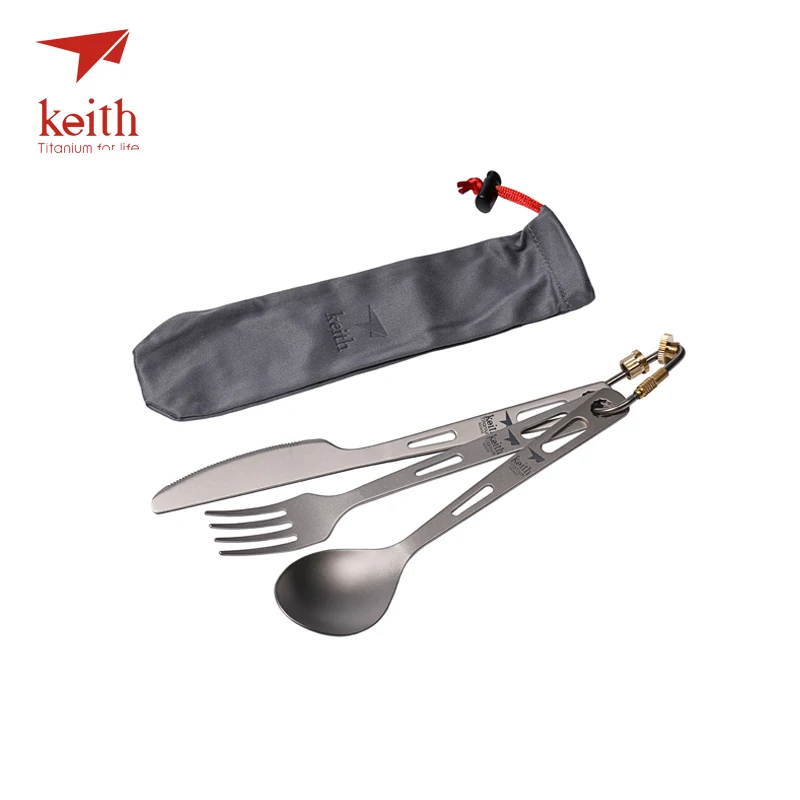 

Keith Titanium Spoon Fork Knife 3 in 1 Tableware Set Outdoor Camping Picnic Cutlery with Free Titanium Carabiner