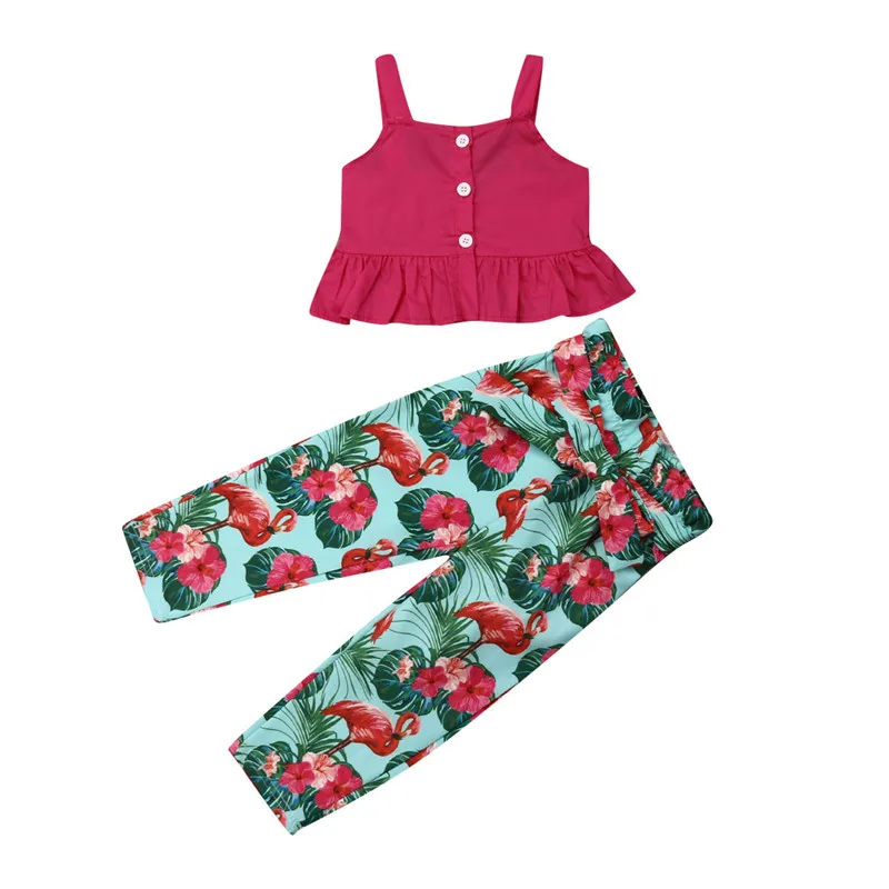 

Kids Baby Girl Clothes Sets 2-7Y Summer Boho Sling Ruffle Crop Tops Vest Flamingos Print High Waist Long Pants 2Pcs Girl Outfits