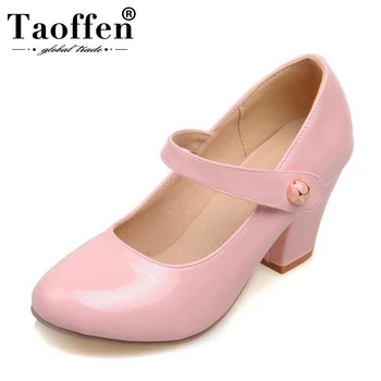 

TAOFFEN Size 32-48 Lady High Heel Pumps Round Toe Patent Leather Thick High Heeled Wider Shoes Women Candy Colors Party Footwear