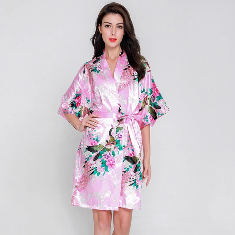 11 Colors Peacock Print Women Robe Silk Satin Loose Bathrobe With Sash