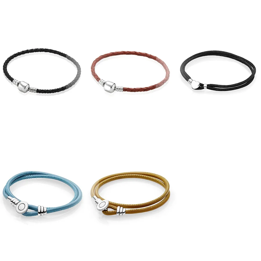 

5 Style Sterling Silver Bangles Bracelet Rope Leather Chain for Women Charms Beads & Pendants