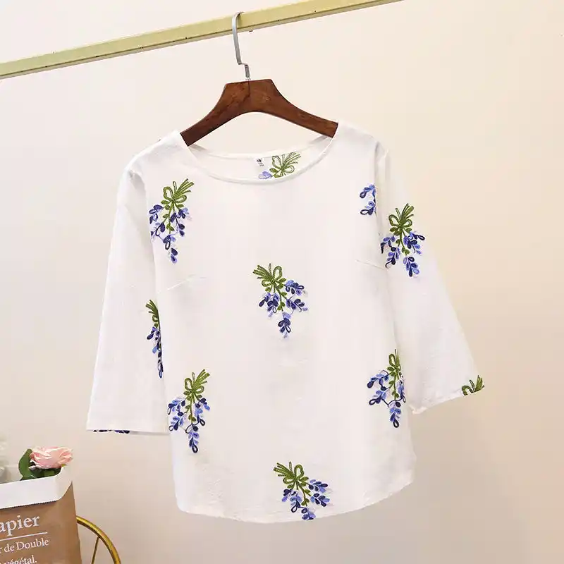 aihihe Womens Plus Size Tops Crew Neck Short Sleeve Floral Print Button Down Cotton Linen T-Shirt Casual Blouse